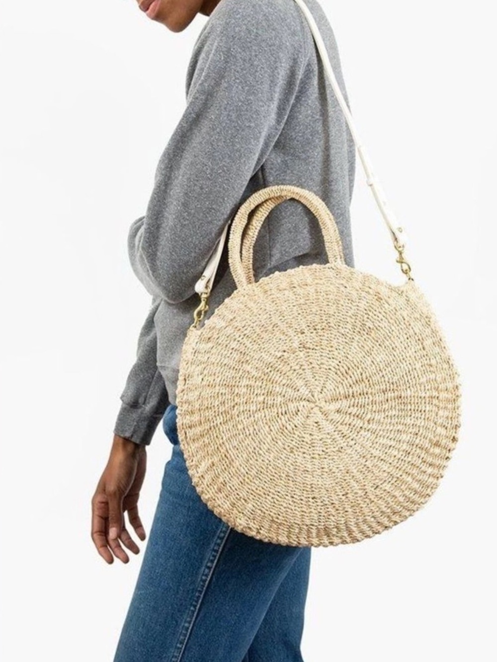 Clare V Woven Round Straw Tote Bag in Natural